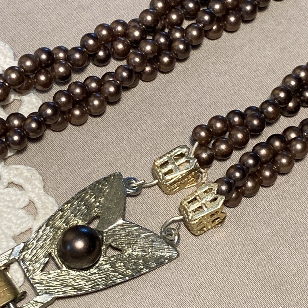 Vintage Brown Beaded Necklace Ornate Mid Century Atomic Clasp
